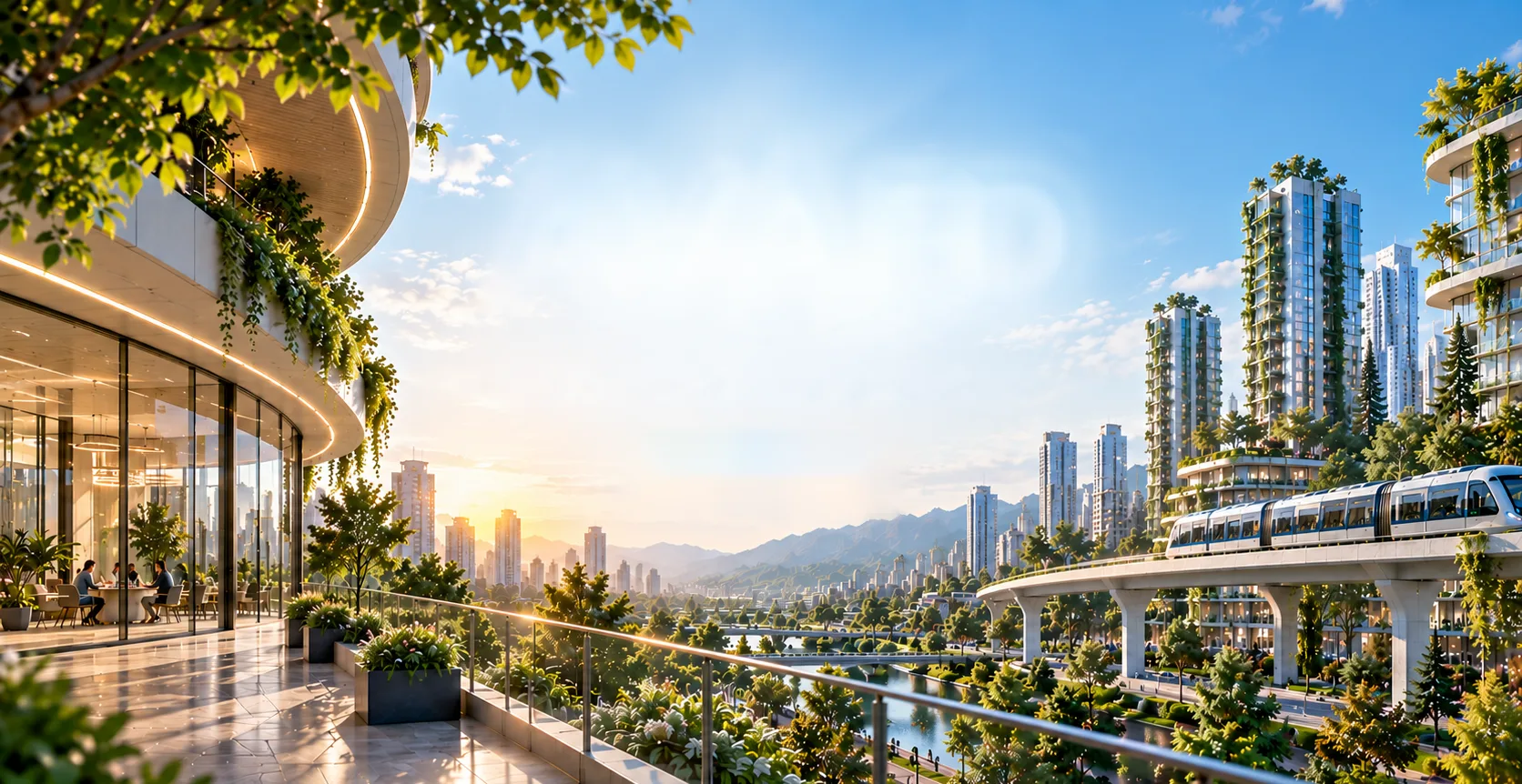 Ville durable du futur vue d'une terrasse végétalisée, traversée par un monorail